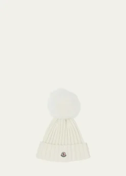MonclerRibbed Logo Beanie with Faux Fur Pom