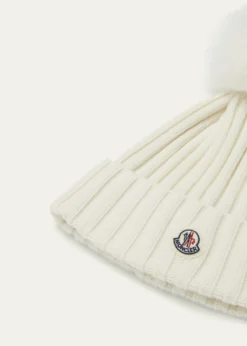 MonclerRibbed Logo Beanie with Faux Fur Pom