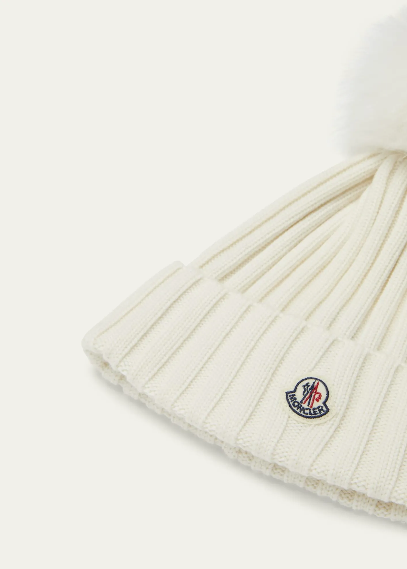 MonclerRibbed Logo Beanie with Faux Fur Pom