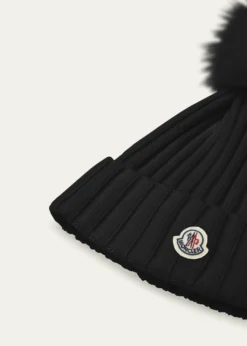MonclerRibbed Logo Beanie with Faux Fur Pom