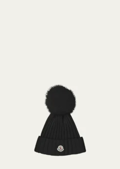 MonclerRibbed Logo Beanie with Faux Fur Pom