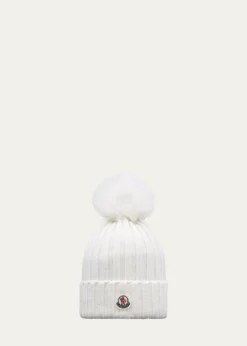 MonclerRibbed Wool Beanie with Faux Fur Pom