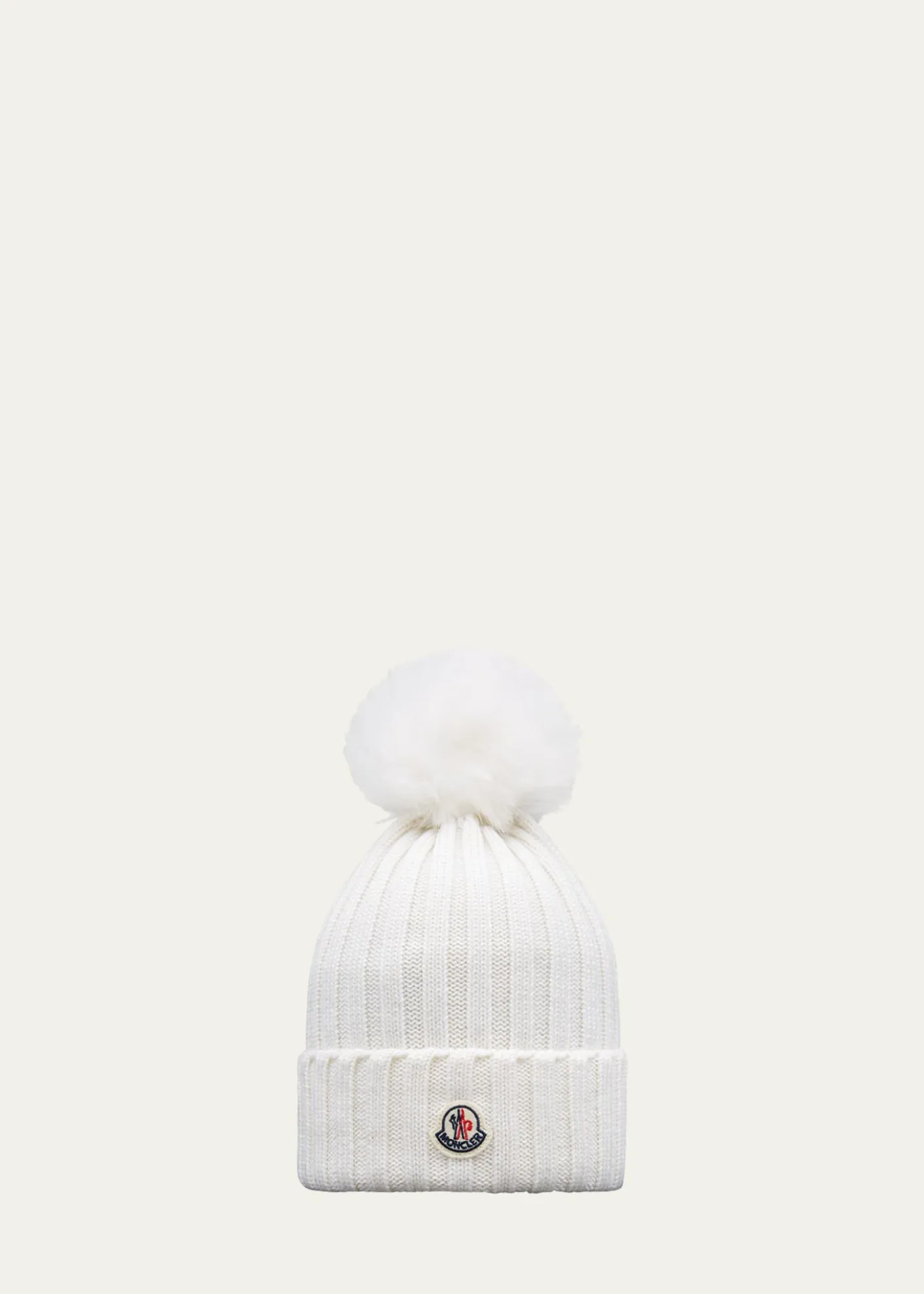 MonclerRibbed Wool Beanie with Faux Fur Pom