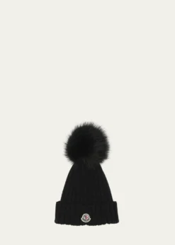 MonclerWool Beanie with Faux Fur Pom