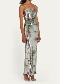 Monique LhuillierFloral-Print Sequined Strapless Column Gown