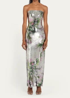 Monique LhuillierFloral-Print Sequined Strapless Column Gown