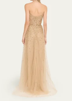 Monique LhuillierStrapless Crystal Embellished Tulle Gown