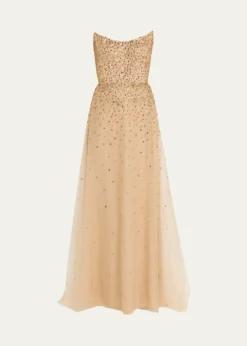 Monique LhuillierStrapless Crystal Embellished Tulle Gown