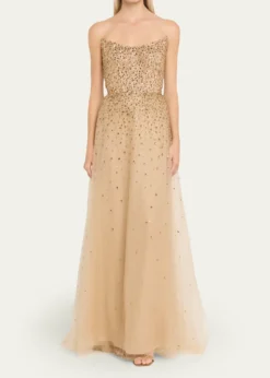 Monique LhuillierStrapless Crystal Embellished Tulle Gown