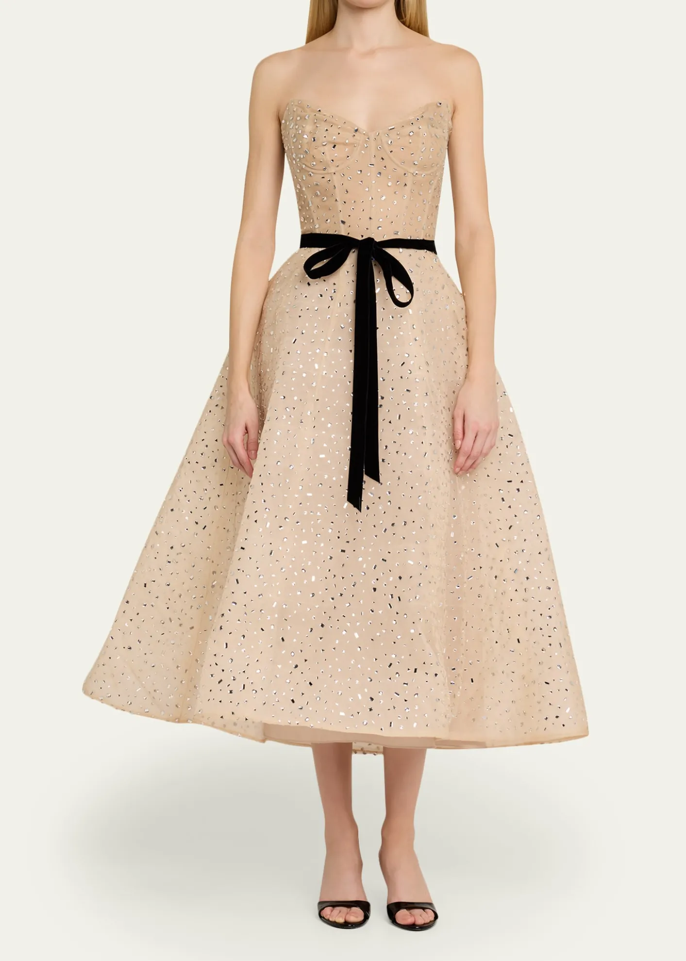 Monique LhuillierStrapless Crystal Organza Cocktail Dress