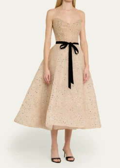 Monique LhuillierStrapless Crystal Organza Cocktail Dress