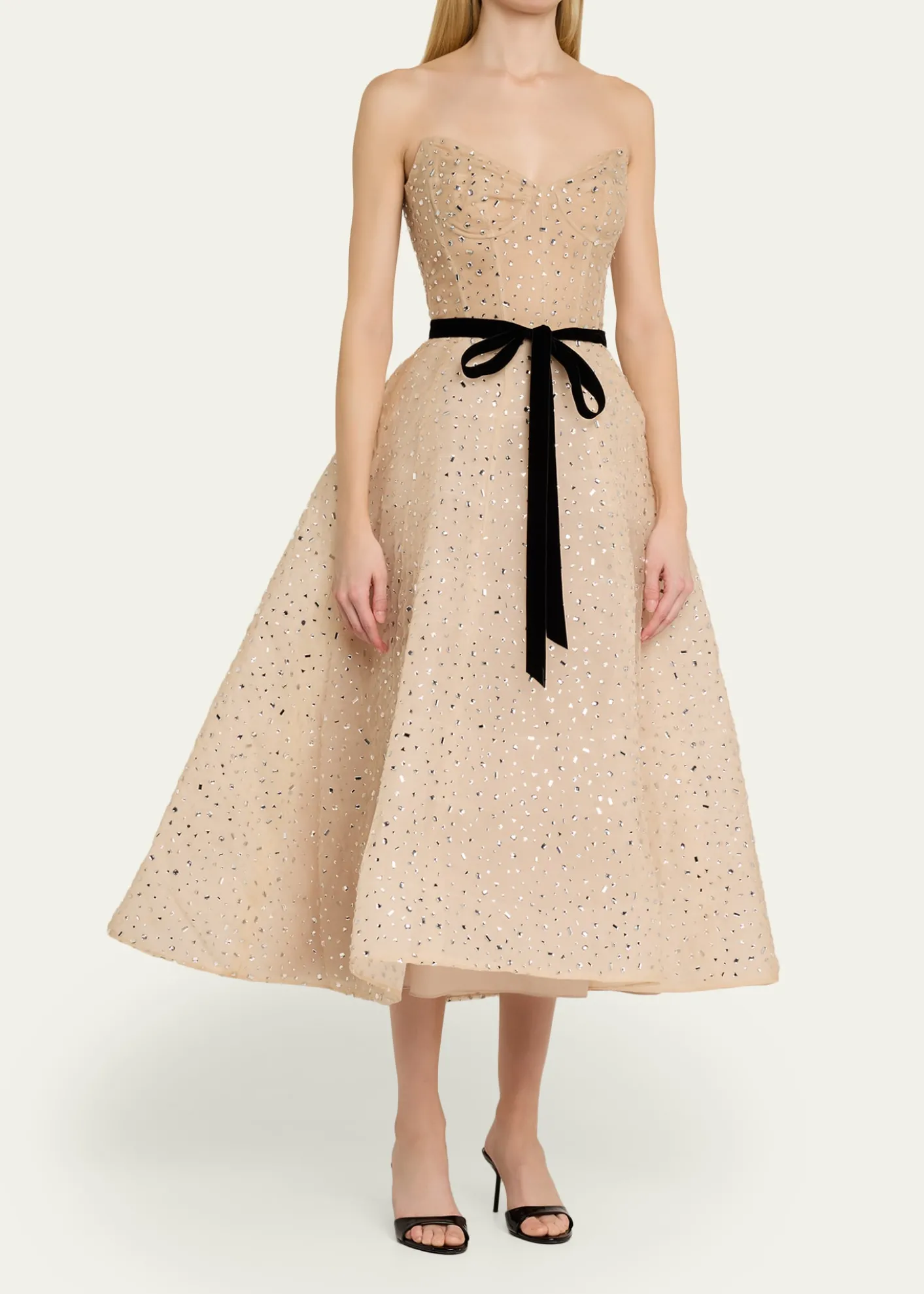 Monique LhuillierStrapless Crystal Organza Cocktail Dress