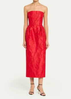 Monique LhuillierStrapless Rose Jacquard Midi Dress