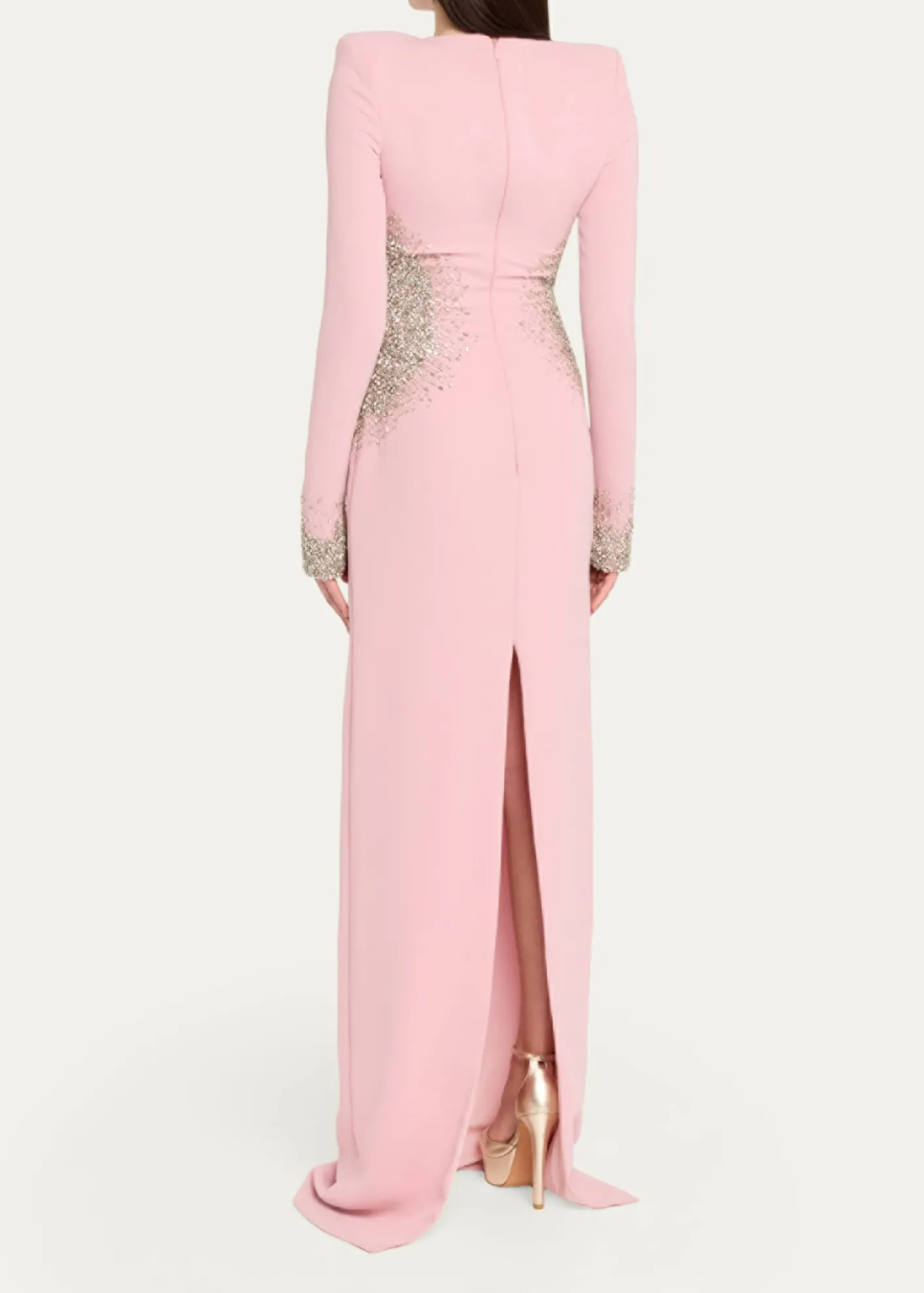 Naeem KhanCrystal Crepe Long-Sleeve Strong-Shoulder Gown