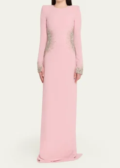 Naeem KhanCrystal Crepe Long-Sleeve Strong-Shoulder Gown