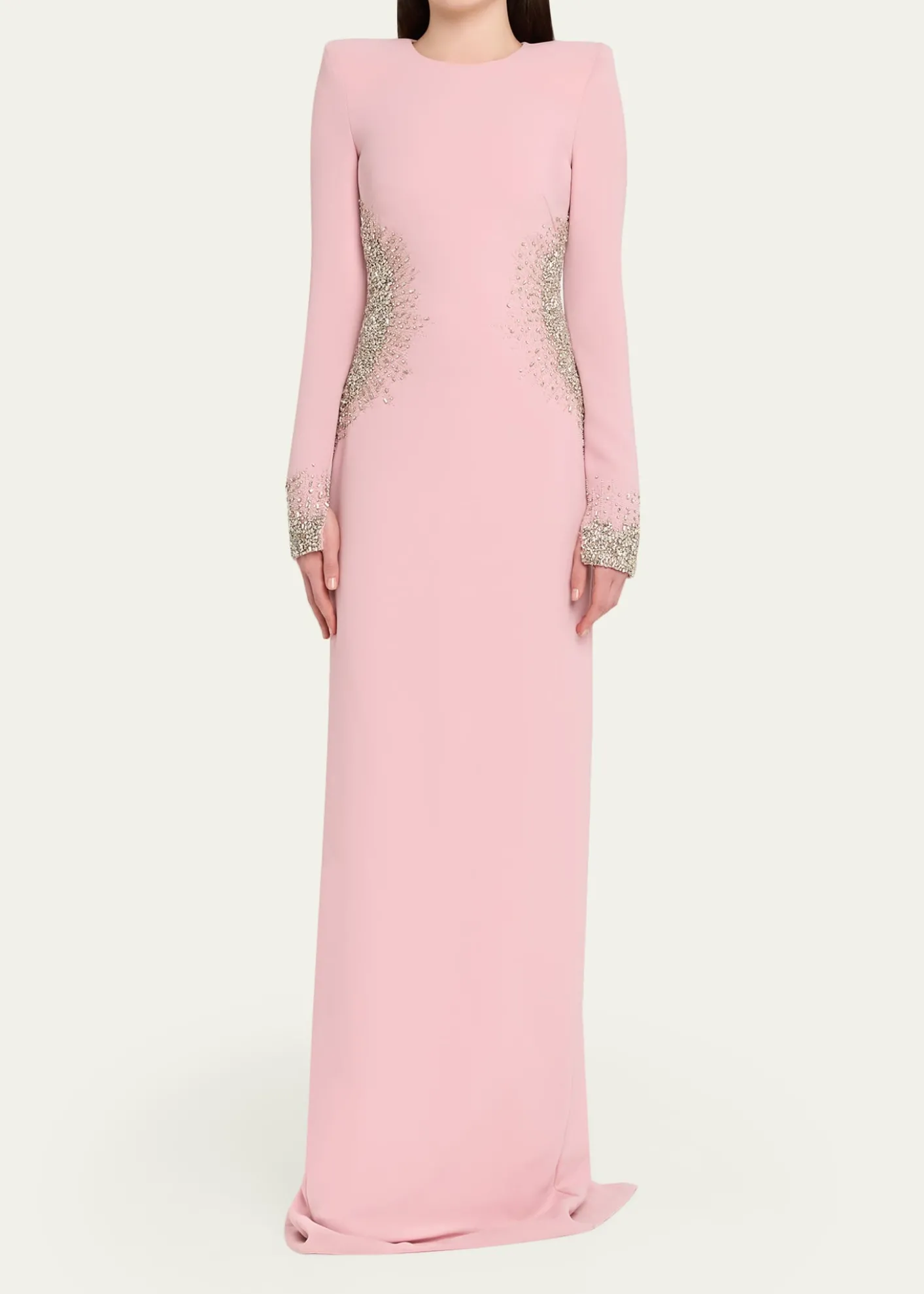 Naeem KhanCrystal Crepe Long-Sleeve Strong-Shoulder Gown