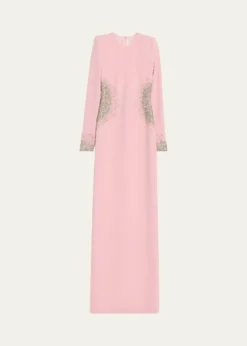 Naeem KhanCrystal Crepe Long-Sleeve Strong-Shoulder Gown