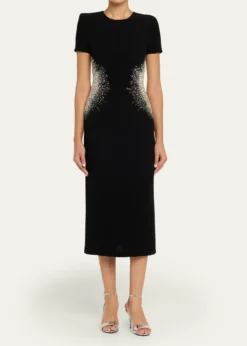 Naeem KhanCrystal Embellished Short-Sleeve Midi Dress