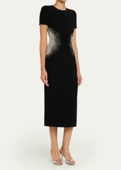 Naeem KhanCrystal Embellished Short-Sleeve Midi Dress