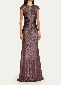 Naeem KhanFloral Applique Short-Sleeved Sequin Gown