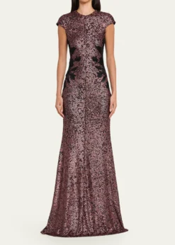 Naeem KhanFloral Applique Short-Sleeved Sequin Gown