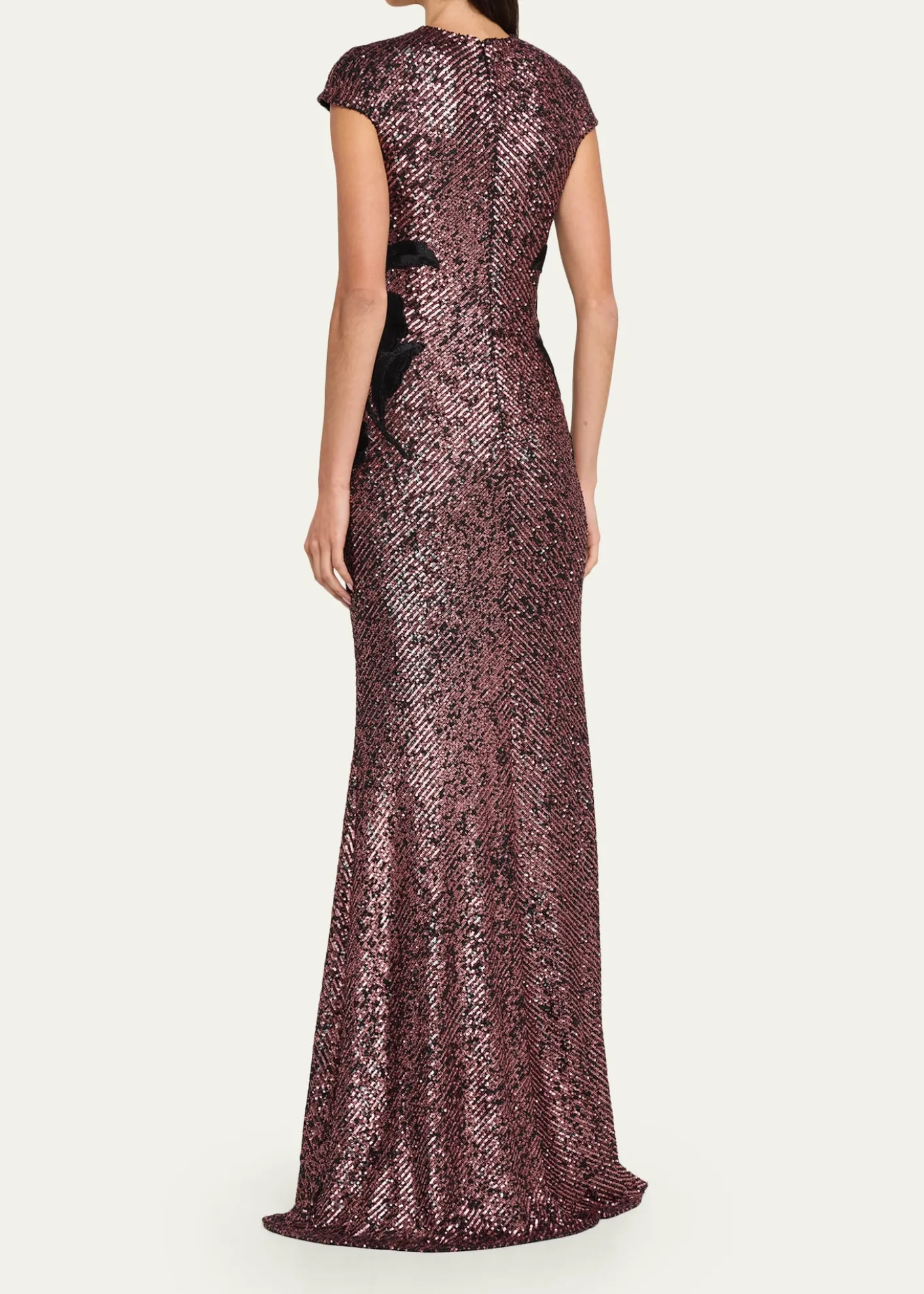 Naeem KhanFloral Applique Short-Sleeved Sequin Gown