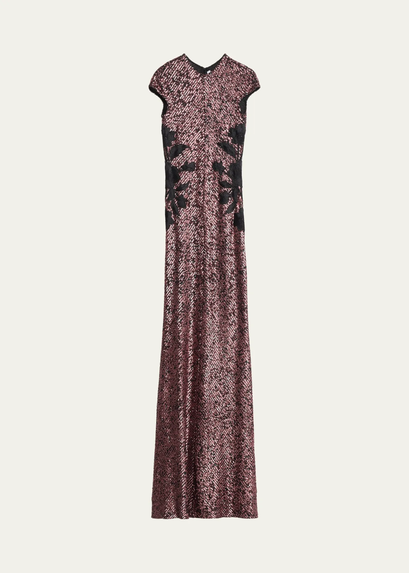 Naeem KhanFloral Applique Short-Sleeved Sequin Gown