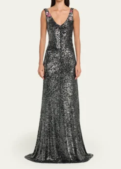 Naeem KhanFloral Applique Stretch Sequin V-Neck Gown