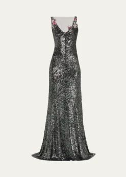 Naeem KhanFloral Applique Stretch Sequin V-Neck Gown