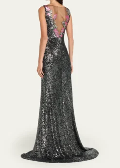 Naeem KhanFloral Applique Stretch Sequin V-Neck Gown