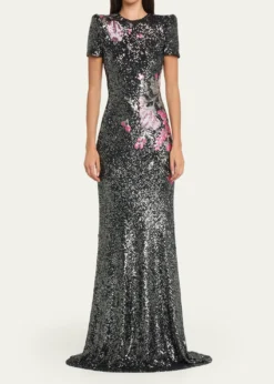 Naeem KhanFloral Applique Stretch Sequin Cap-Sleeve Gown