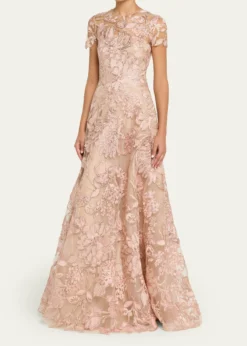 Naeem KhanFloral Raffia Embroidered Tulle Short-Sleeve Gown