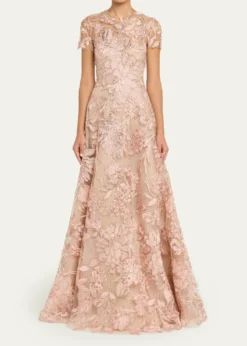 Naeem KhanFloral Raffia Embroidered Tulle Short-Sleeve Gown
