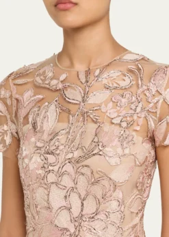 Naeem KhanFloral Raffia Embroidered Tulle Short-Sleeve Gown
