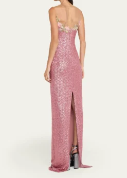 Naeem KhanIllusion Yoke Sequined Floral Applique Sleeveless Gown
