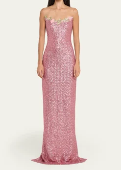 Naeem KhanIllusion Yoke Sequined Floral Applique Sleeveless Gown