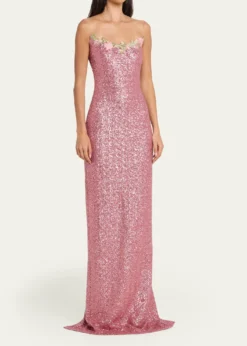 Naeem KhanIllusion Yoke Sequined Floral Applique Sleeveless Gown