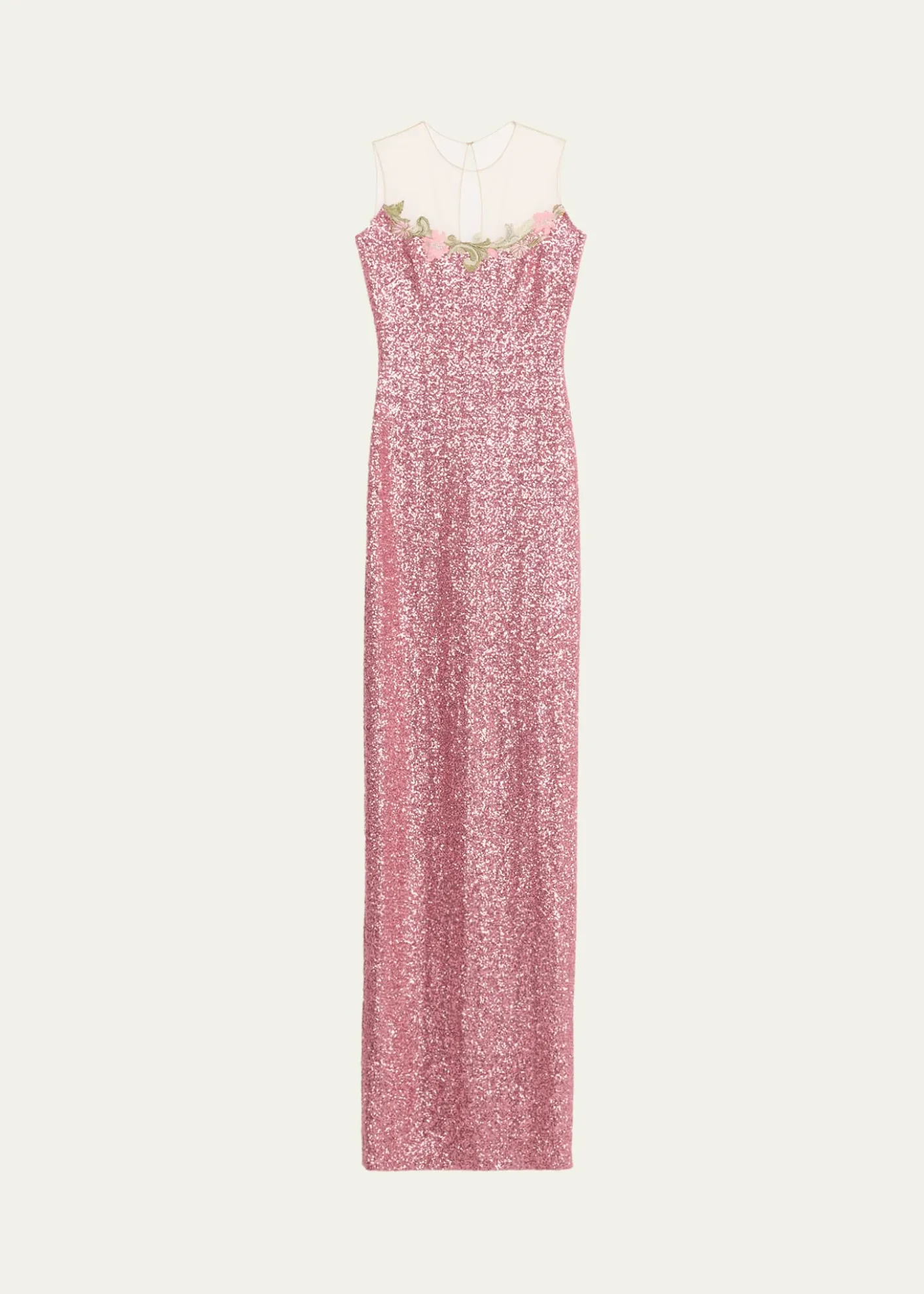 Naeem KhanIllusion Yoke Sequined Floral Applique Sleeveless Gown