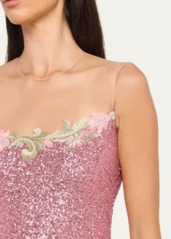 Naeem KhanIllusion Yoke Sequined Floral Applique Sleeveless Gown