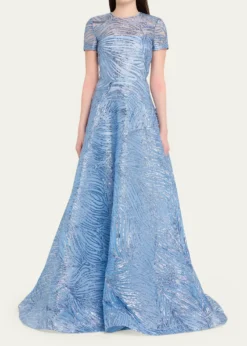 Naeem KhanMetallic Embroidered Short-Sleeve Illusion Gown