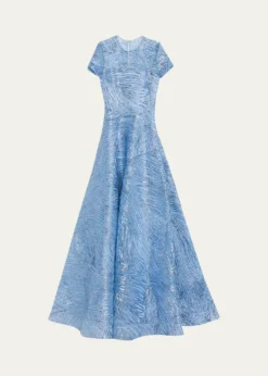 Naeem KhanMetallic Embroidered Short-Sleeve Illusion Gown