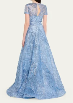 Naeem KhanMetallic Embroidered Short-Sleeve Illusion Gown