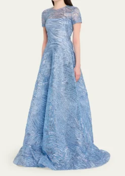 Naeem KhanMetallic Embroidered Short-Sleeve Illusion Gown