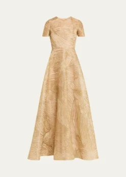 Naeem KhanMetallic Raffia Embroidered Short-Sleeve Gown