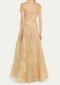 Naeem KhanMetallic Raffia Embroidered Short-Sleeve Gown