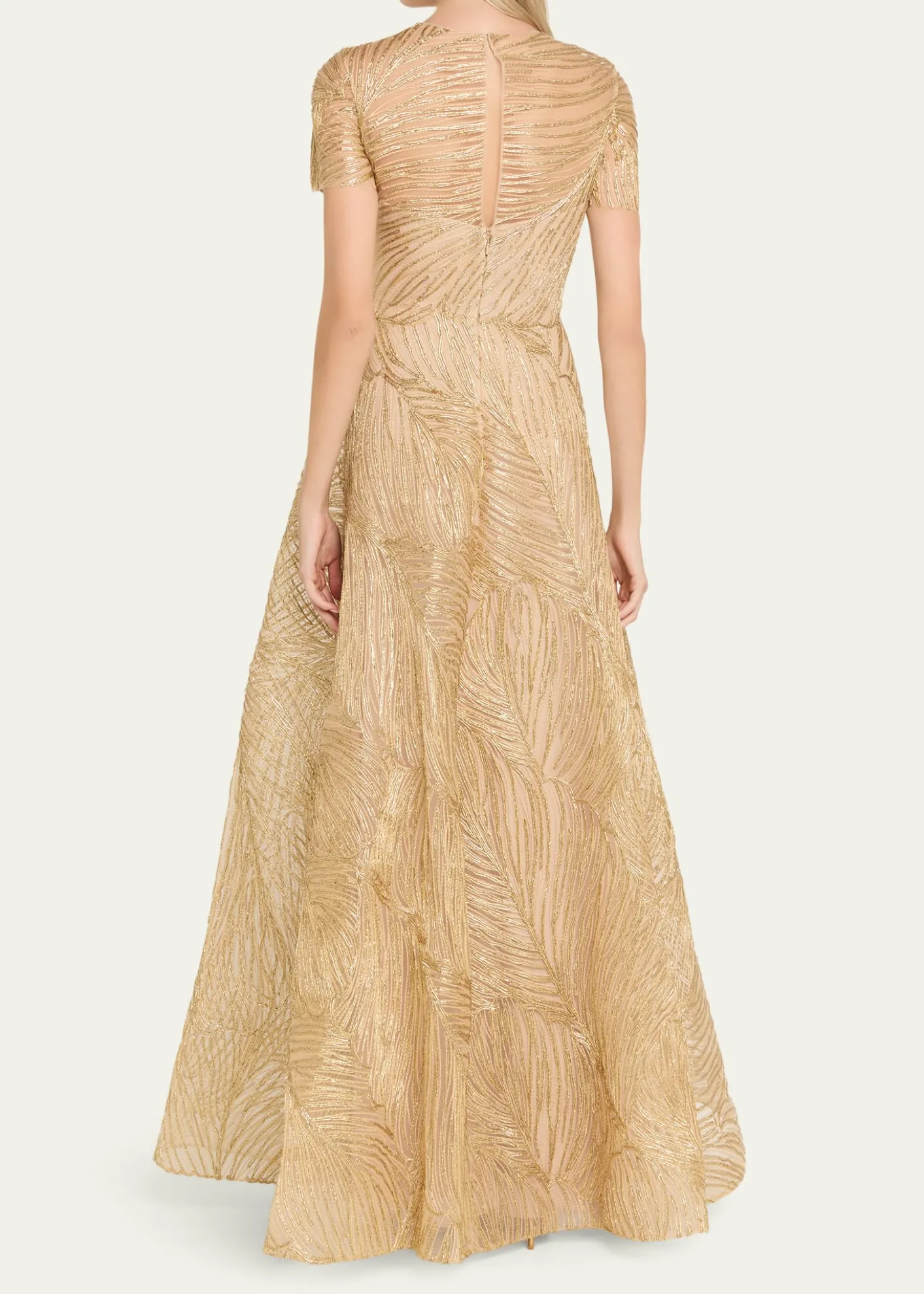 Naeem KhanMetallic Raffia Embroidered Short-Sleeve Gown