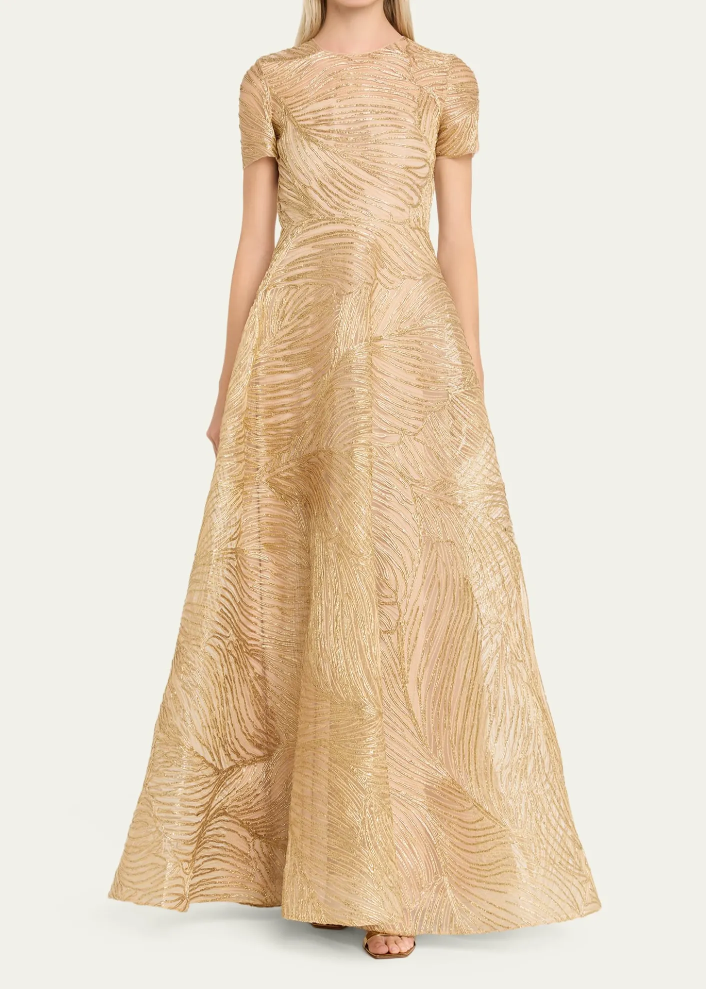 Naeem KhanMetallic Raffia Embroidered Short-Sleeve Gown