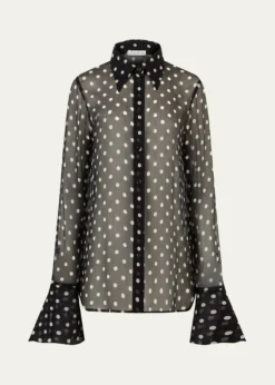 Nina RicciChiffon Polka Dot Bell Cuff Blouse