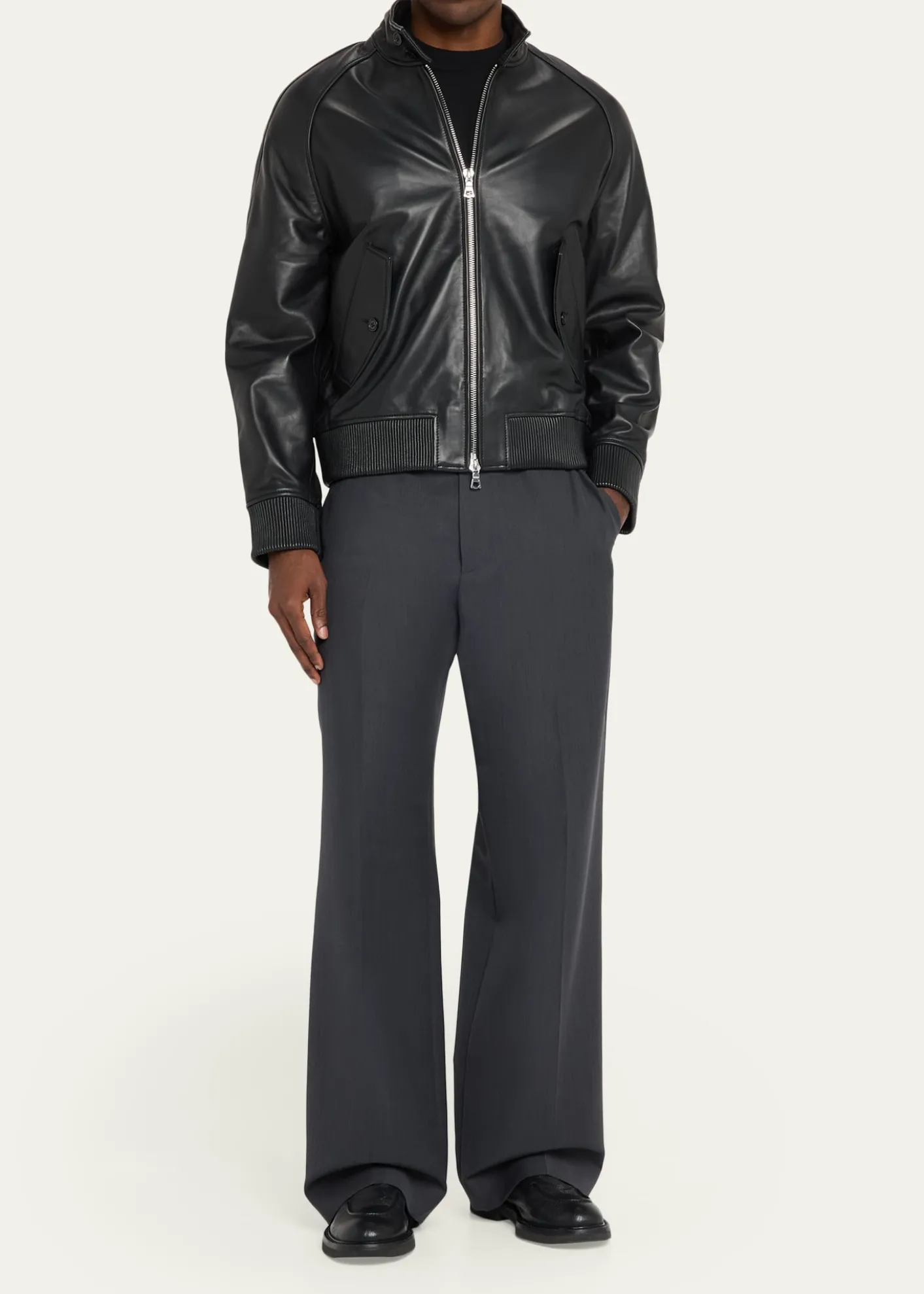 Officine GeneraleMen's Leather Band-Collar Biker Jacket