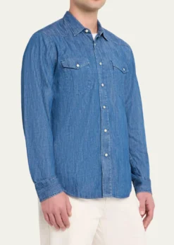Officine GeneraleMen's Maverick Snap-Front Chambray Western Shirt